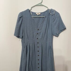 Umgee Blue Pleated Puff Sleeve Midi Dress